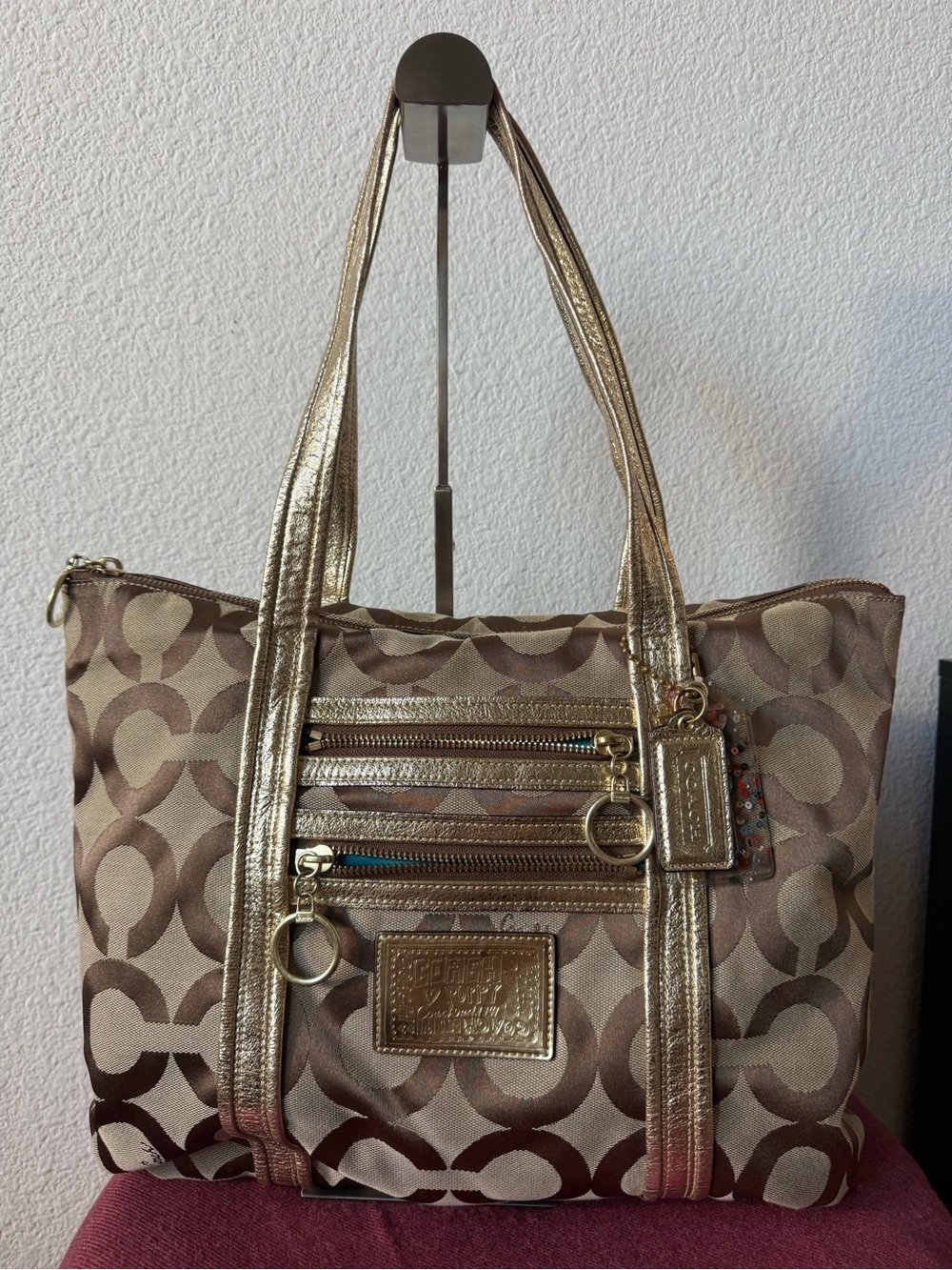 Coach Poppy Signature Glam Tote Khaki Bronze Gold Metallic Jacquard Bag F13826